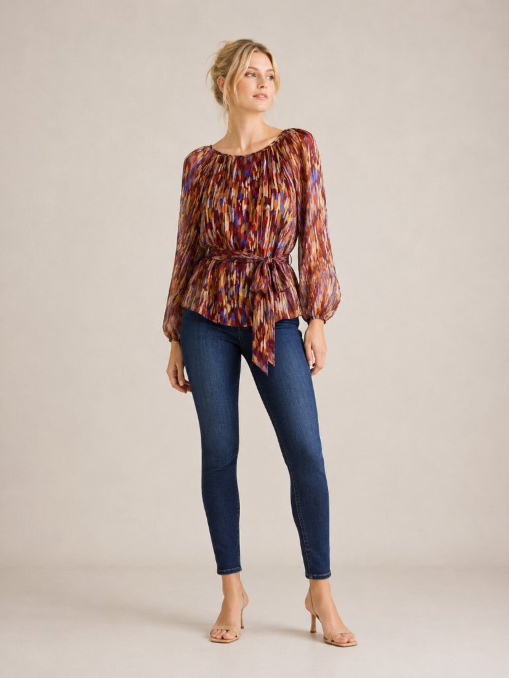 2/$30 Camilla Tree Abstract Print Chiffon Tie-Waist Blouse Petite Small #A3857